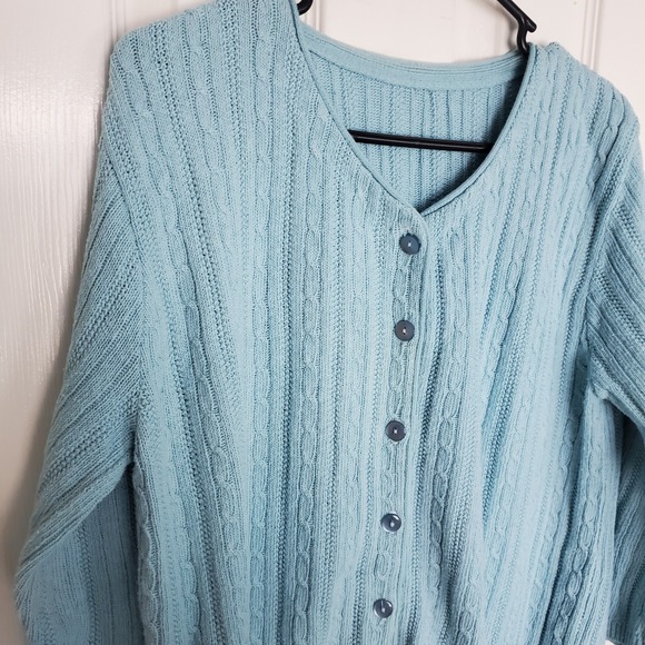 Vtg Sky Blue Sweater Knit 3/4 Sleeve Button Up Scandi Grandma Cottage Teacher XL - Picture 2 of 3